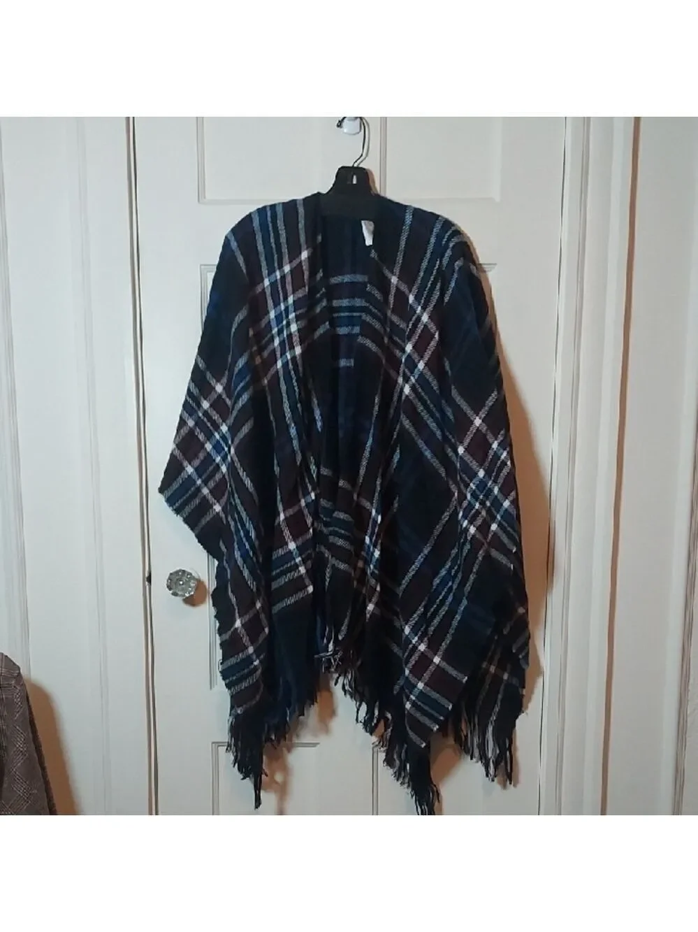 LOFT Outlet Black Blue Checkered Fringe Poncho One Size